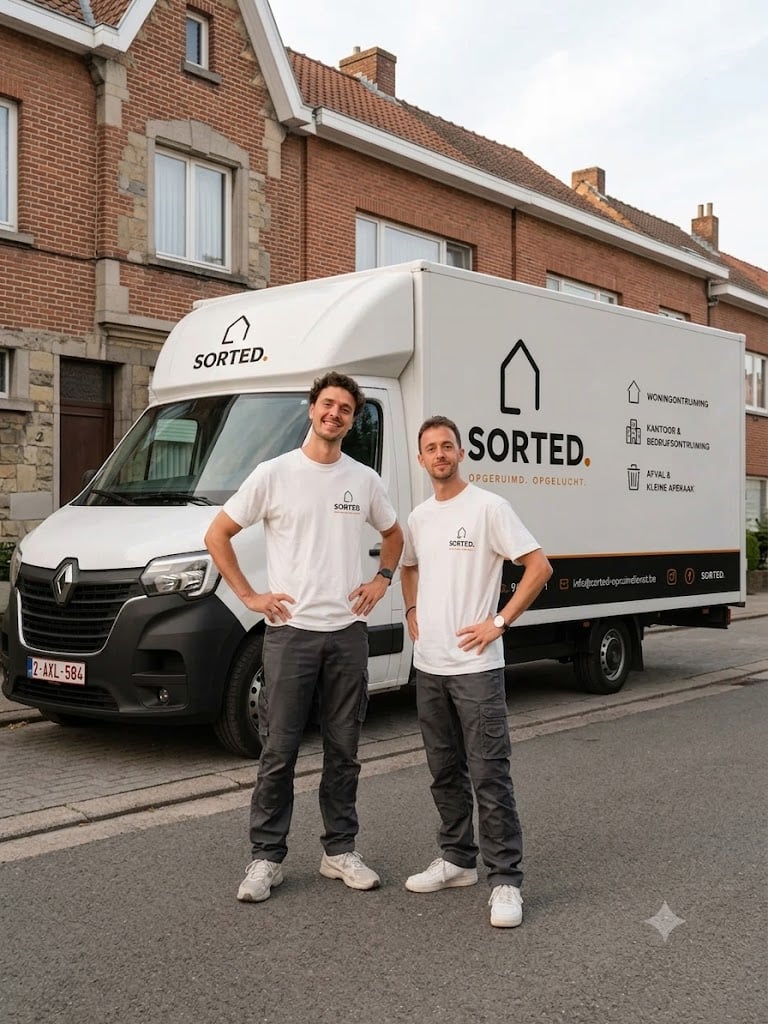 Tom en Nant voor de SORTED. vrachtwagen.